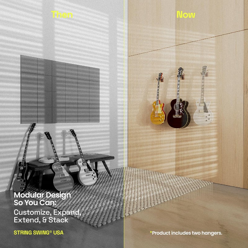 String Swing Guitar Hanger - Holder for Electric Acoustic and Bass Guitars - Stand Accessories Home or Studio Wall - Musical Instruments Safe without Hard Cases - Black Walnut Hardwood CC01K-BW 2-Pack - Image 2